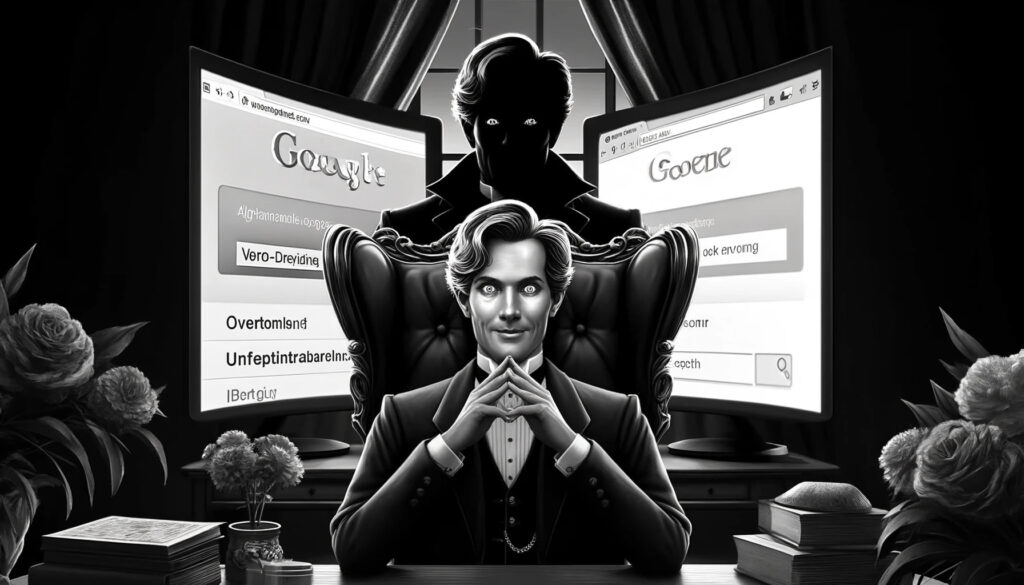Dorian Gray-Scale in einem eleganten Büro mit einem versteckten Porträt seiner überoptimierten Webseite.