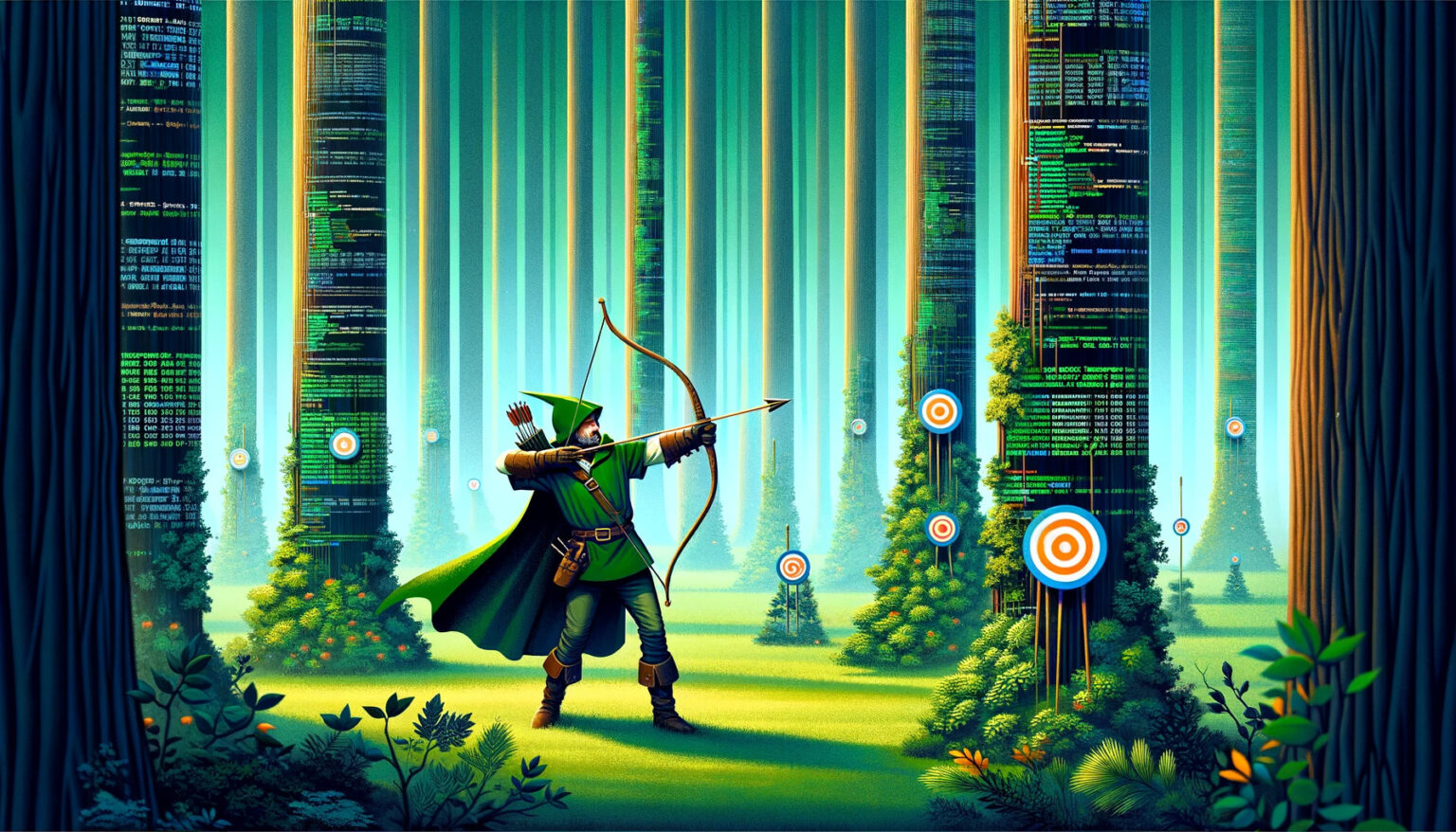 Robin Hood zielt in einem digitalen Wald auf ein Ziel, umgeben von jungen digitalen Sämlingen.