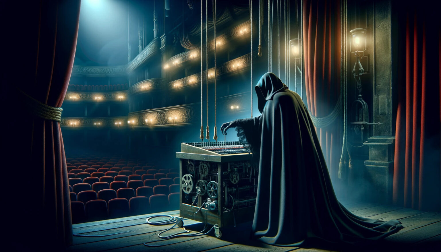 Phantom in dunkler Kappe manipuliert heimlich die Meta-Tags eines Theaters.